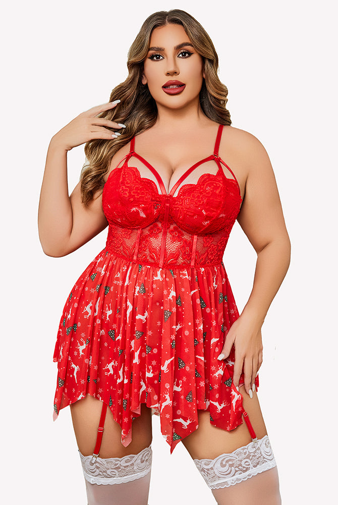 Plus Size Red Mesh Lace Babydoll Lingerie Set with Christmas Pattern