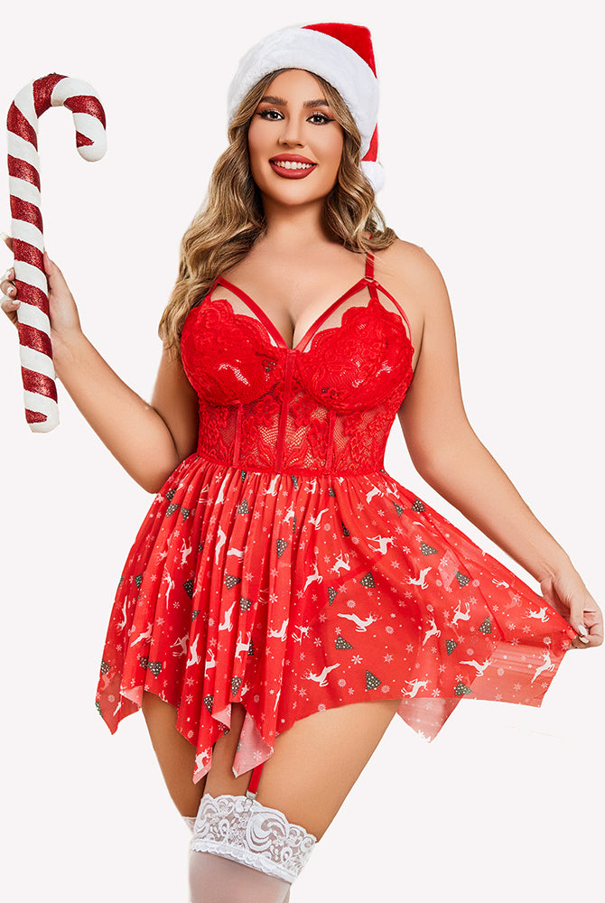 Plus Size Red Mesh Lace Babydoll Lingerie Set with Christmas Pattern, Santa Hat, and Candy Cane