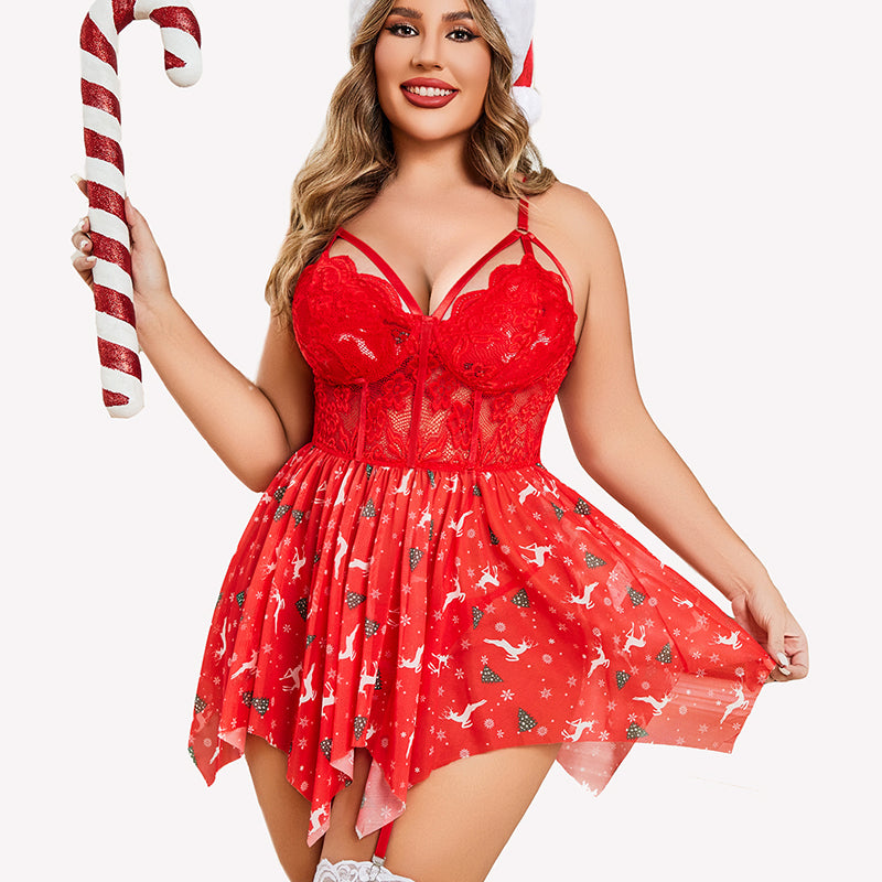 Plus Size Red Mesh Lace Babydoll Lingerie Set with Christmas Pattern, Santa Hat, and Candy Cane