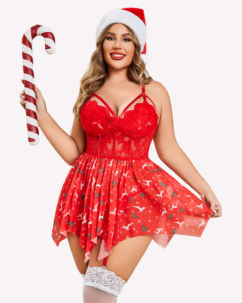 Plus Size Red Mesh Lace Babydoll Lingerie Set with Christmas Pattern, Santa Hat, and Candy Cane