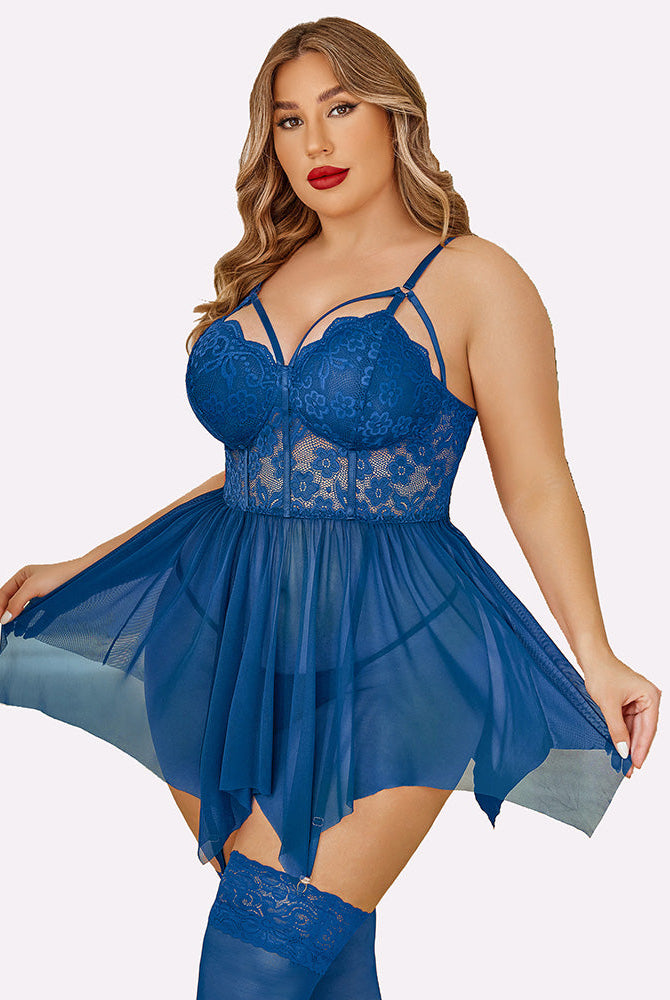 Plus size navy mesh lace babydoll with adjustable straps and stockings, for a flattering fit.