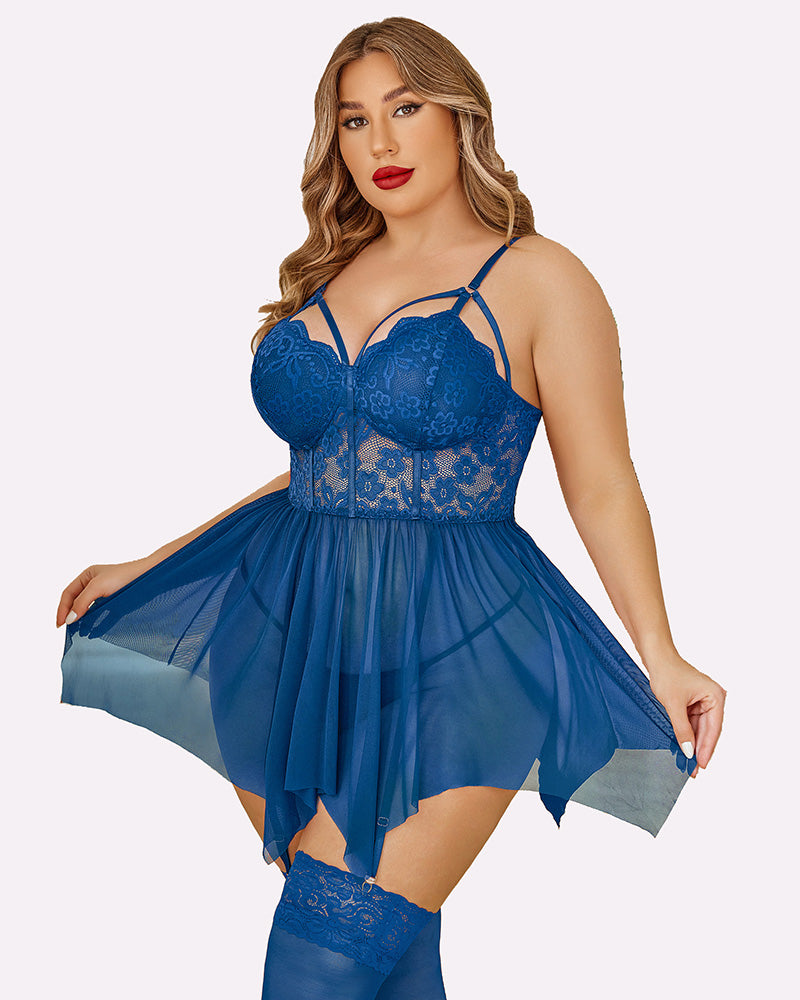 Plus size navy mesh lace babydoll with adjustable straps and stockings, for a flattering fit.