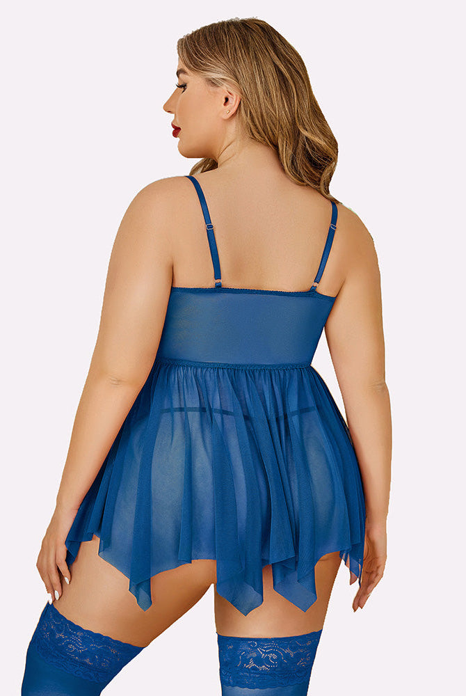 Plus size navy mesh babydoll lingerie with adjustable straps and lace stockings.