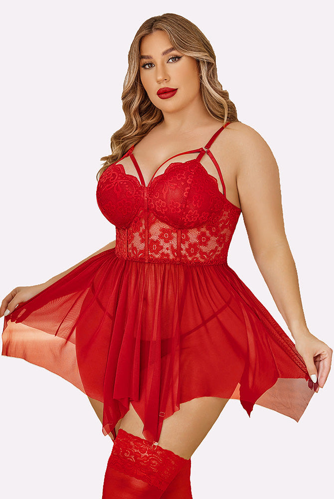 Plus Size Red Mesh Lace Babydoll Lingerie Set with Garter Belt and Stockings