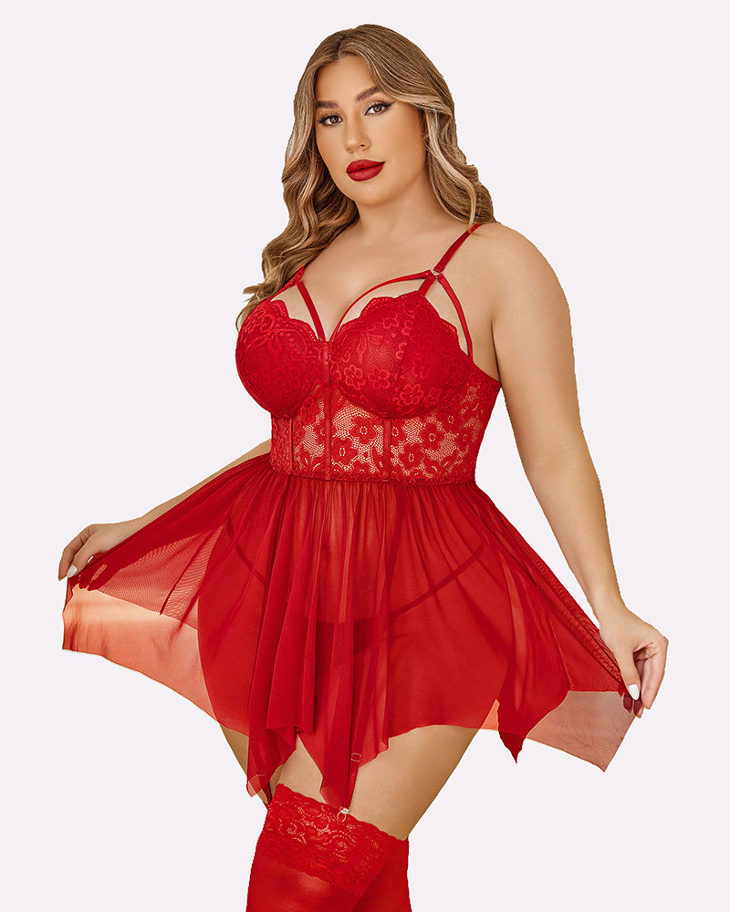 Plus Size Red Mesh Lace Babydoll Lingerie Set with Garter Belt and Stockings