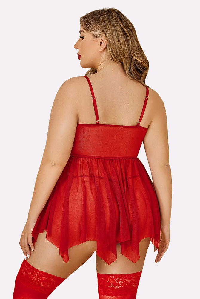 Plus size red mesh babydoll lingerie set with adjustable straps and stockings.