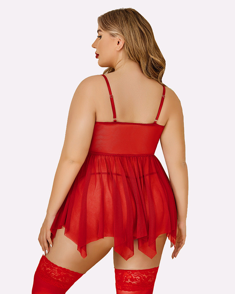 Plus size red mesh babydoll lingerie set with adjustable straps and stockings.