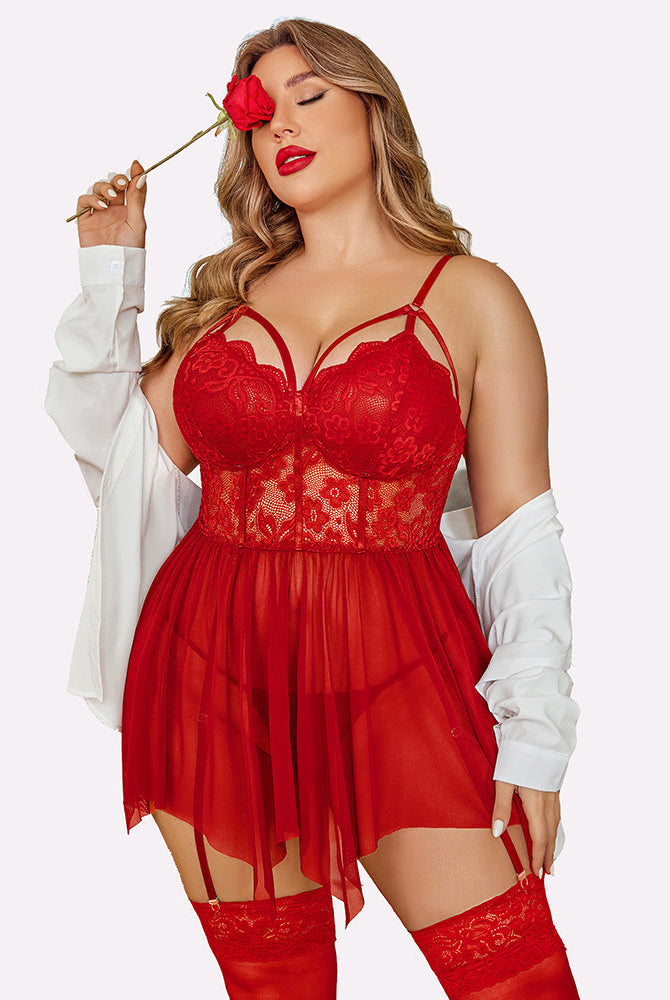 Plus Size Red Mesh Lace Babydoll Lingerie Set with Stockings and Rose