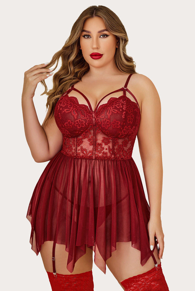 Plus Size Burgundy Mesh Lace Babydoll Lingerie Set with Adjustable Straps and Stockings