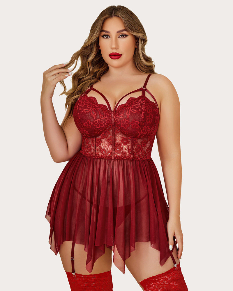 Plus Size Burgundy Mesh Lace Babydoll Lingerie Set with Adjustable Straps and Stockings