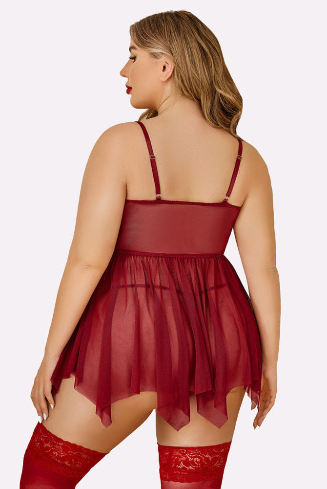 Plus size burgundy mesh babydoll lingerie set with adjustable straps and stockings