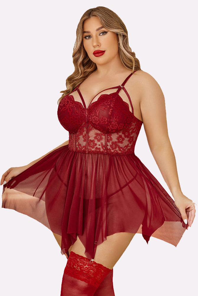 Plus size burgundy mesh babydoll lingerie with lace cups, adjustable straps, and garter belt