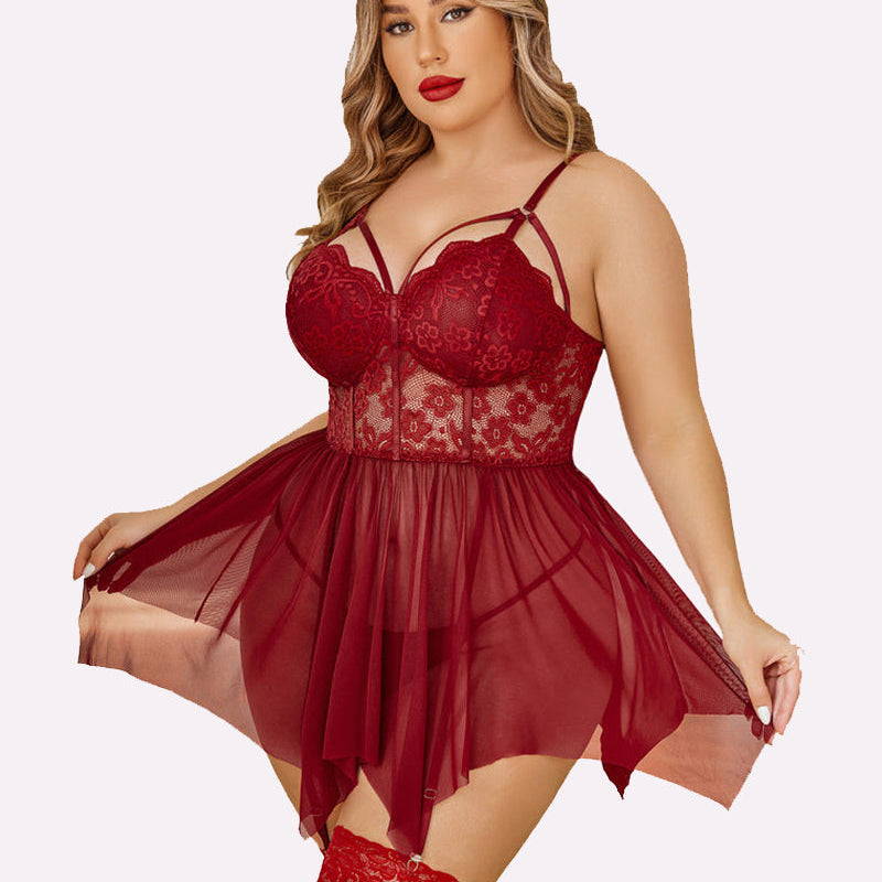 Plus size burgundy mesh babydoll lingerie with lace cups, adjustable straps, and garter belt