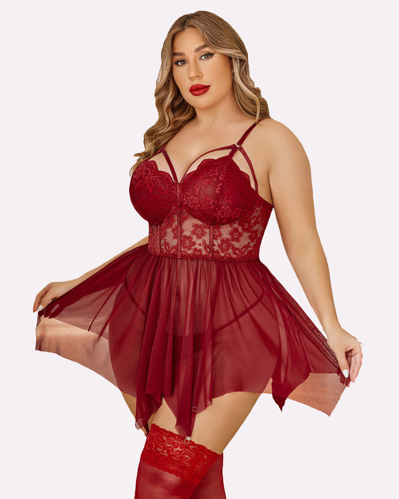 Plus size burgundy mesh babydoll lingerie with lace cups, adjustable straps, and garter belt