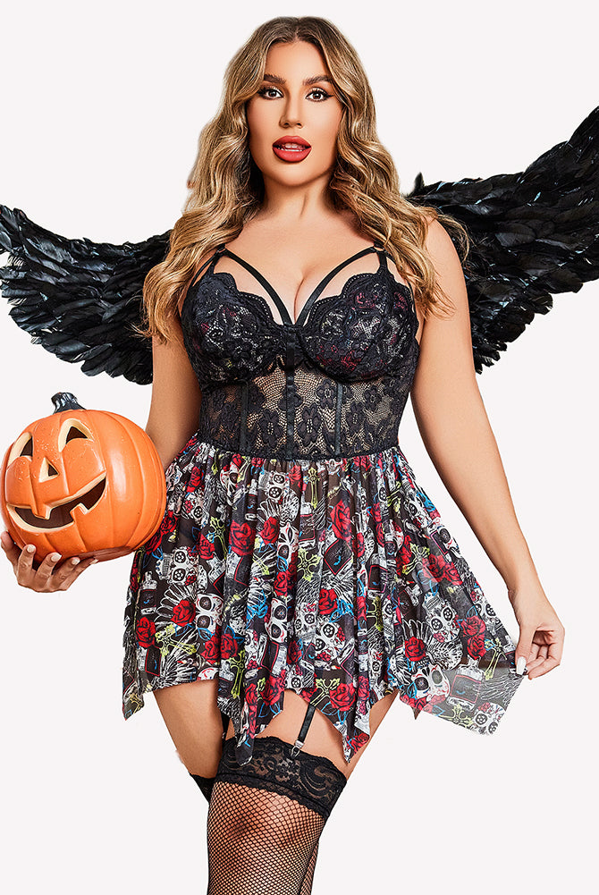 Plus Size Black Lace Babydoll Lingerie with skull & rose print skirt, wings, and pumpkin