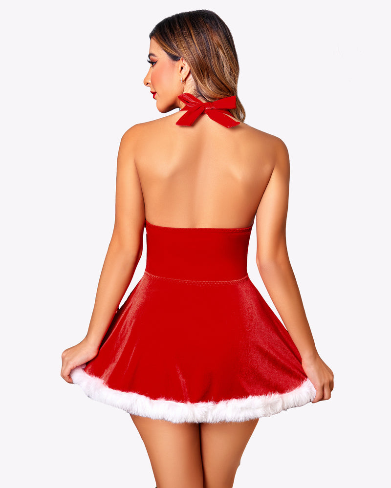 Red velvet Santa Mrs Claus halter neck dress with white trim for Christmas lingerie