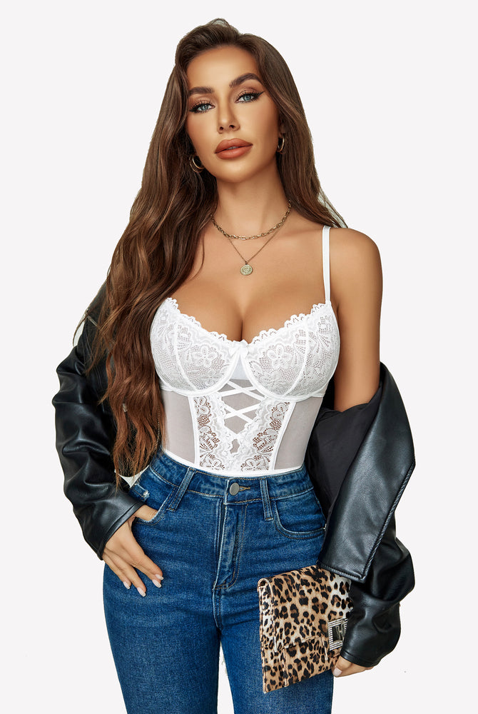White floral lace corset bodysuit with jeans and leather jacket. Sexy lingerie for women.