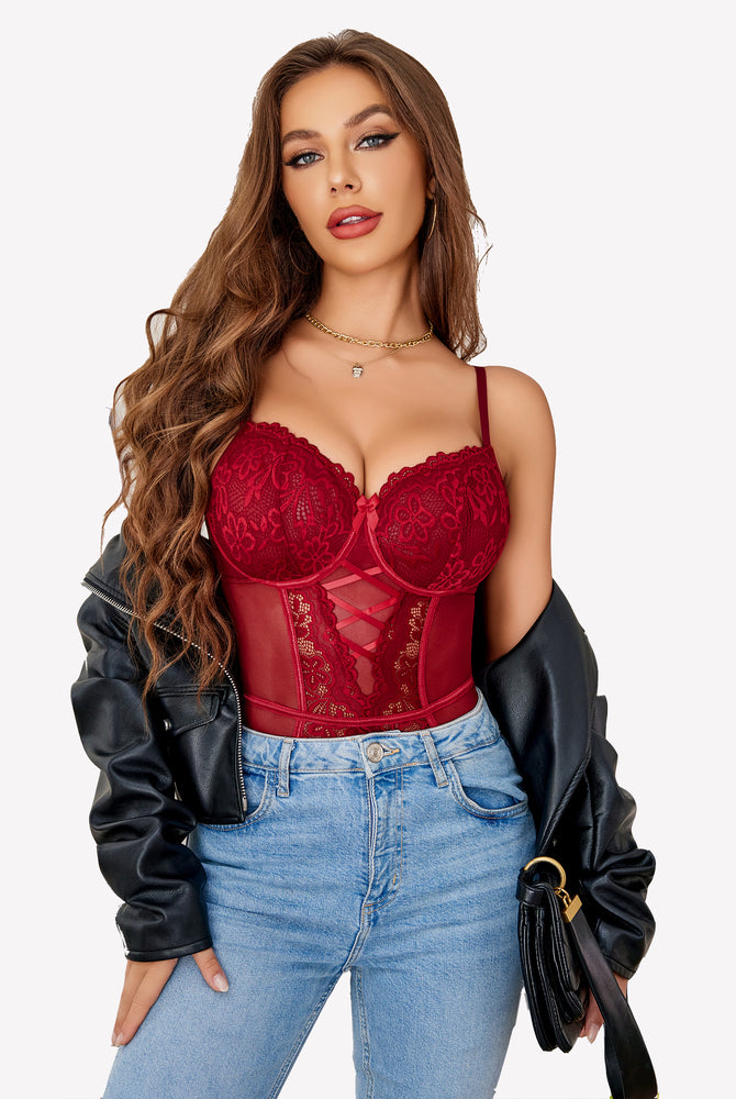 Red floral lace corset and panty set with garter straps. Sheer design lingerie for women.