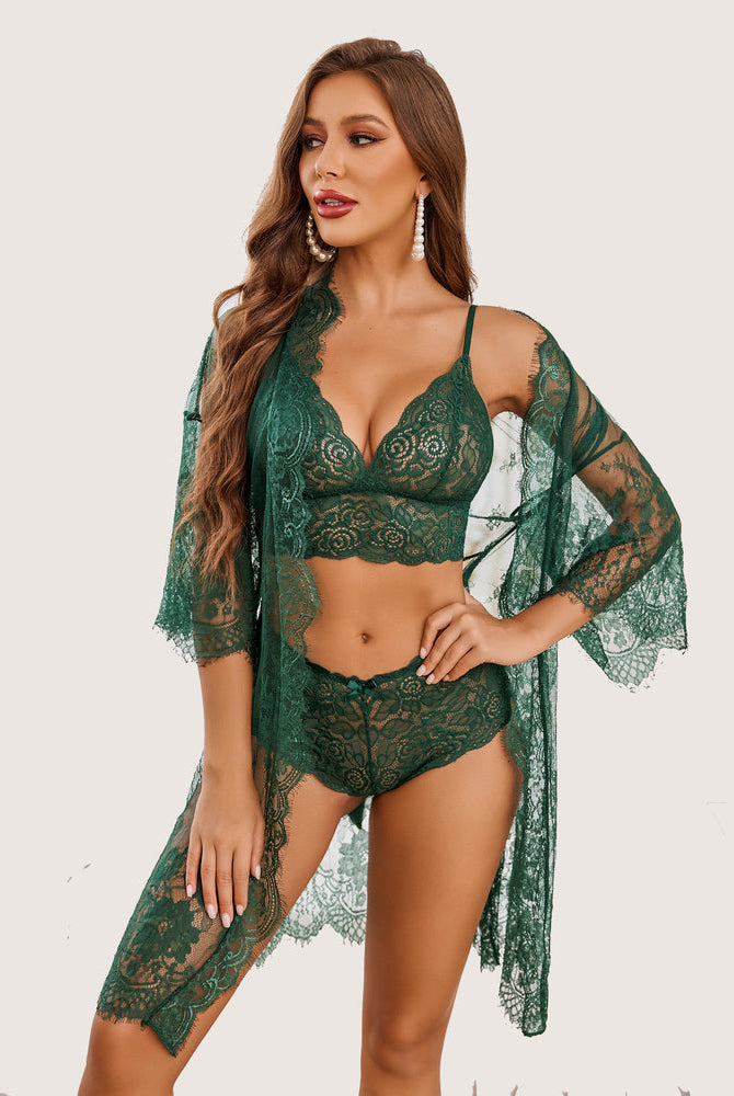 Green floral lace 3-piece Avidlove lingerie set with robe. Sexy sleepwear featuring sheer design.