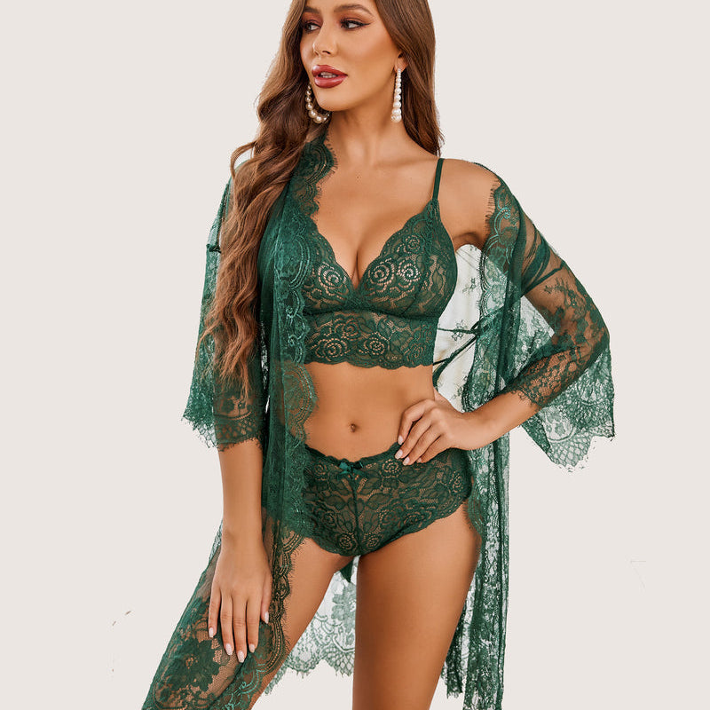 Green floral lace 3-piece Avidlove lingerie set with robe. Sexy sleepwear featuring sheer design.