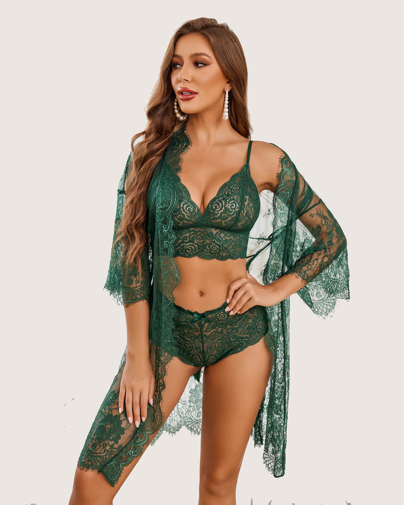 Green floral lace 3-piece Avidlove lingerie set with robe. Sexy sleepwear featuring sheer design.