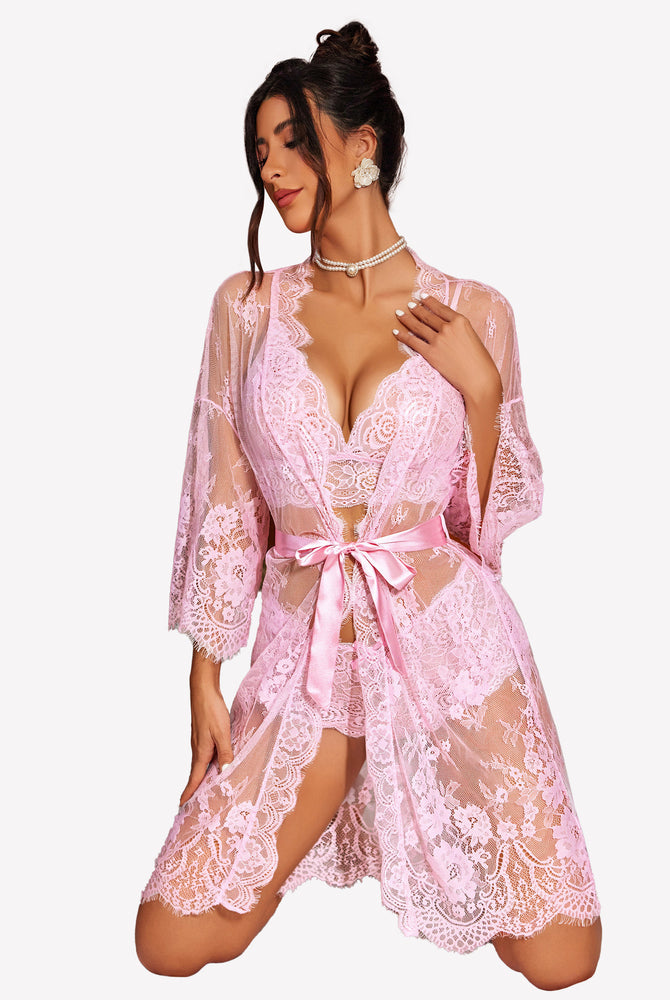 Pink lace lingerie set with robe. Floral design, sheer sleepwear for women. Avidlove.