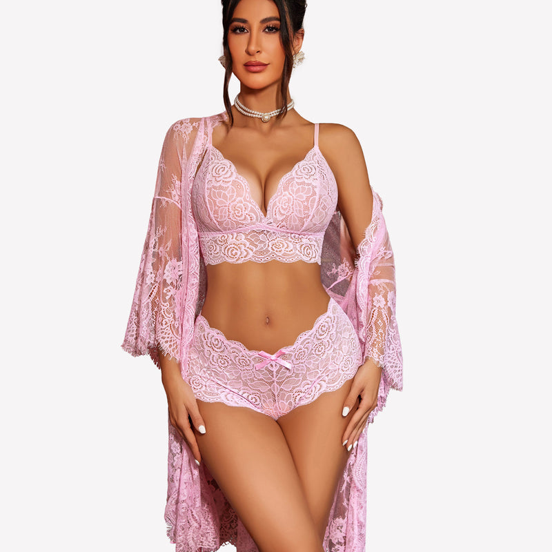 Pink floral lace lingerie set with robe. Sexy 3-piece sleepwear featuring a V-neck bra and shorts.