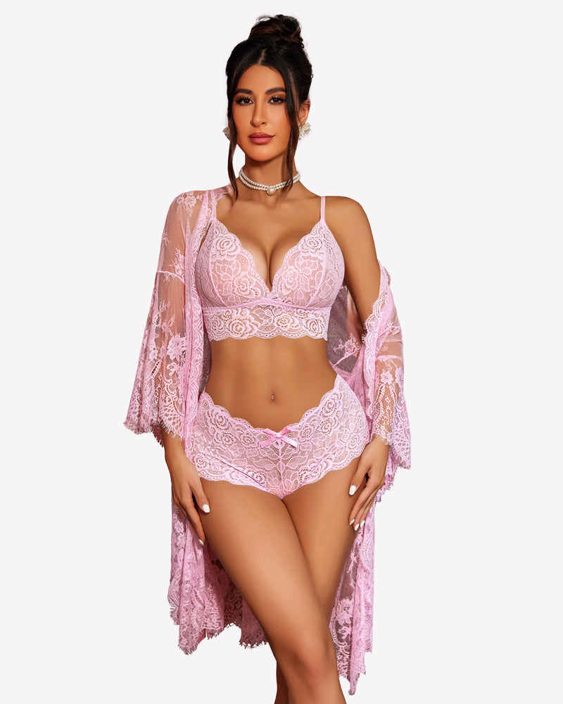 Pink floral lace lingerie set with robe. Sexy 3-piece sleepwear featuring a V-neck bra and shorts.