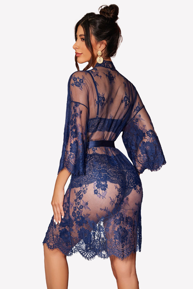 Navy blue floral lace 3-piece Avidlove lingerie set. Sexy sleepwear featuring sheer design and robe.