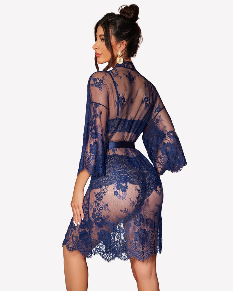 Navy blue floral lace 3-piece Avidlove lingerie set. Sexy sleepwear featuring sheer design and robe.