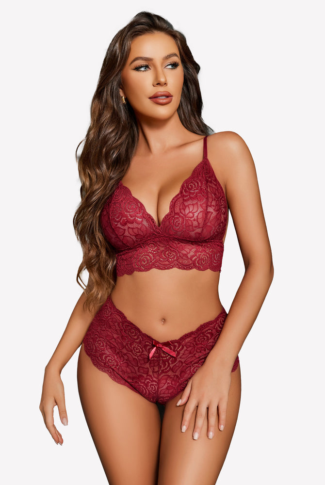 Burgundy floral lace Avidlove lingerie set. Sexy 3-piece sleepwear with a V-neck bra and shorts.