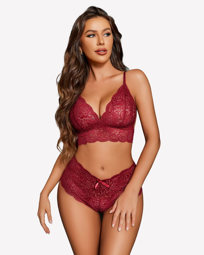 Burgundy floral lace Avidlove lingerie set. Sexy 3-piece sleepwear with a V-neck bra and shorts.