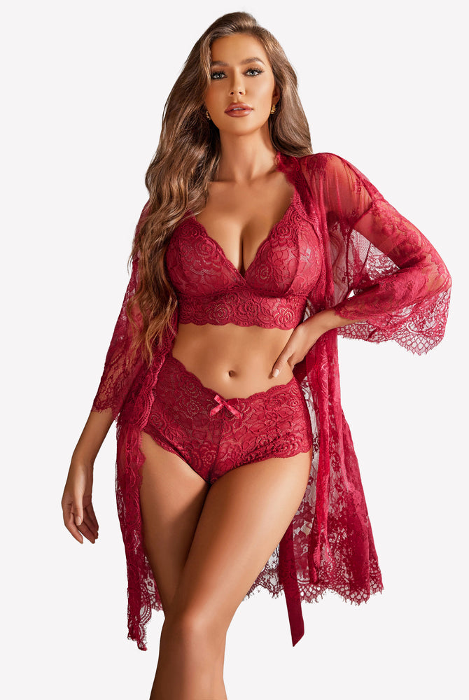 Red floral lace lingerie set with robe. Floral V-neck bra, shorts, and sheer design for sleepwear.