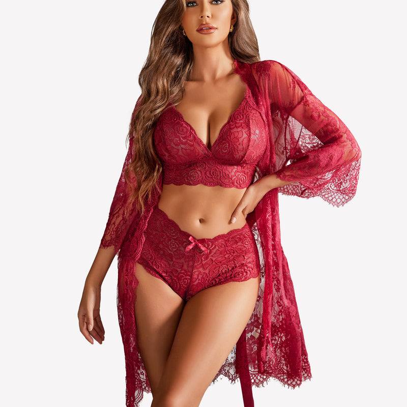 Red floral lace lingerie set with robe. Floral V-neck bra, shorts, and sheer design for sleepwear.
