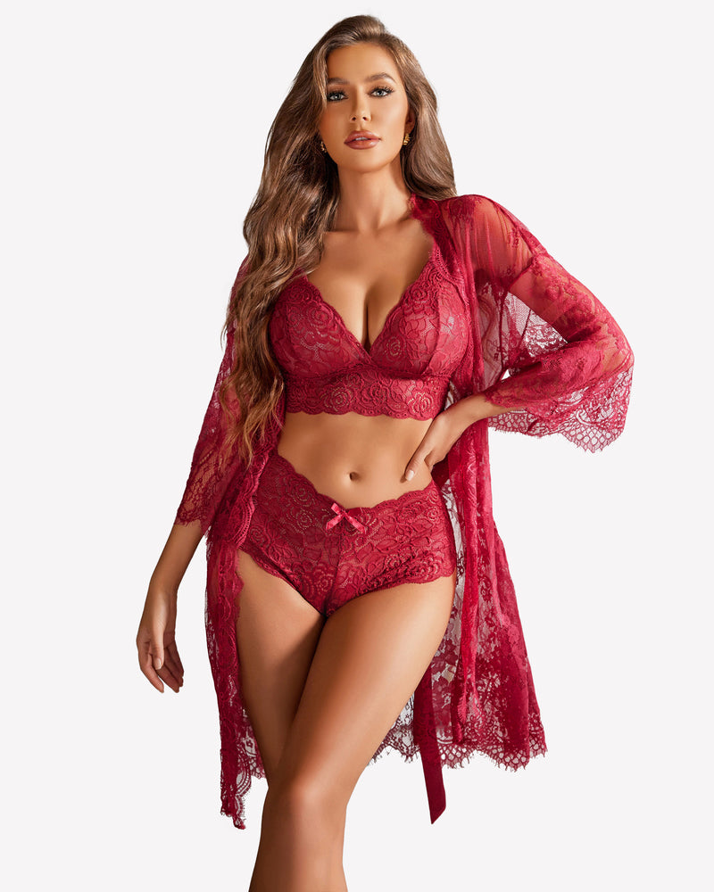 Red floral lace lingerie set with robe. Floral V-neck bra, shorts, and sheer design for sleepwear.