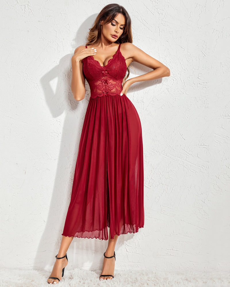 Avidlove burgundy lace babydoll nightdress with mid-slit front and spaghetti straps, black heels.
