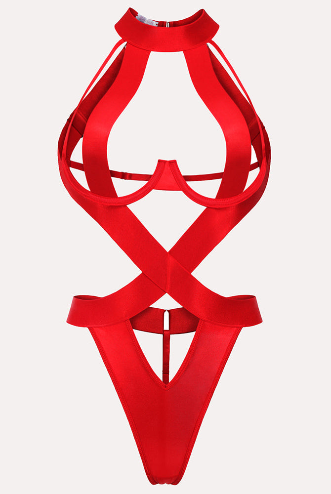 Red strappy teddy one-piece lingerie with underwire and criss-cross design, perfect for confidence.