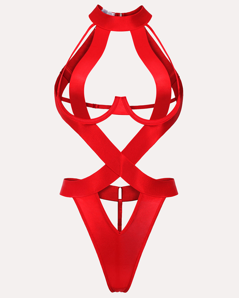 Red strappy teddy one-piece lingerie with underwire and criss-cross design, perfect for confidence.