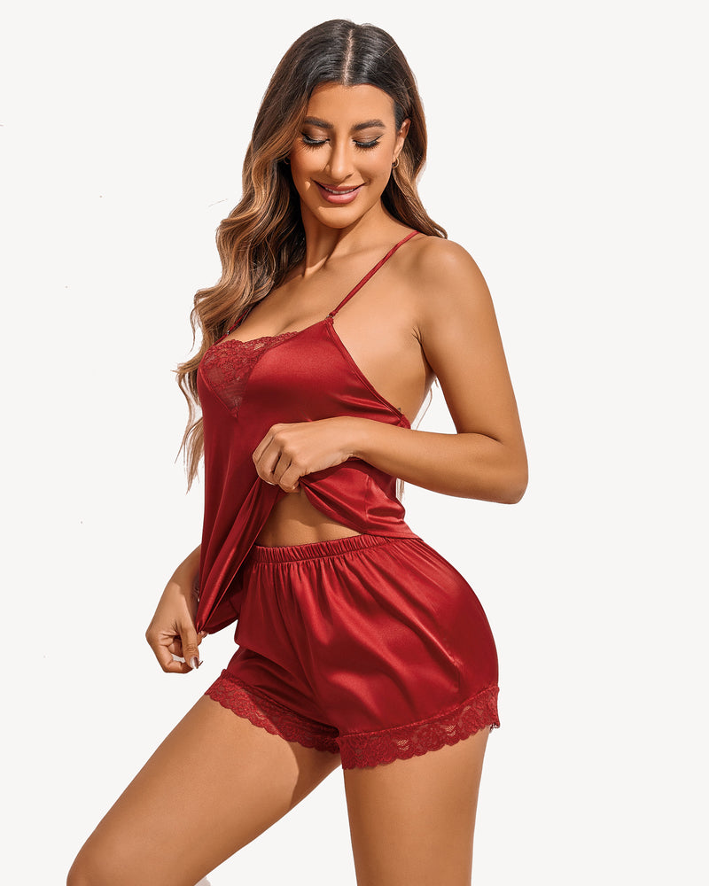 Burgundy satin pajama set with lace detail. Comfortable backless cami and shorts. Sexy sleepwear.