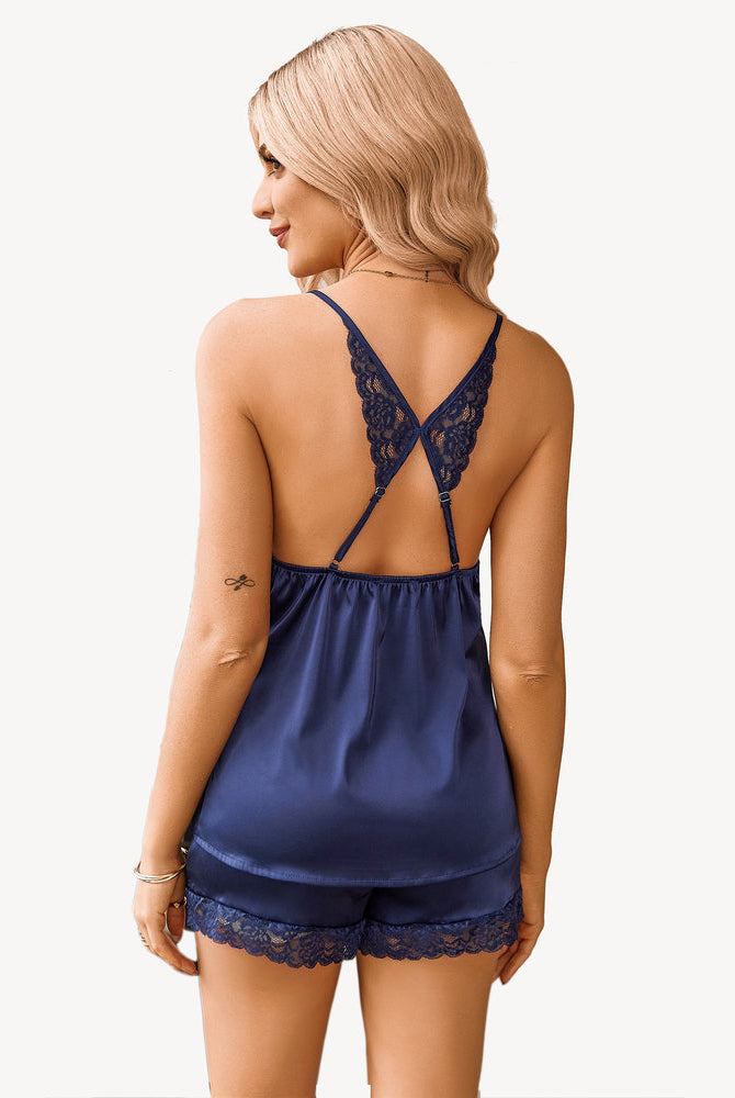 Navy satin pajama set, backless lace strappy top with matching lace shorts