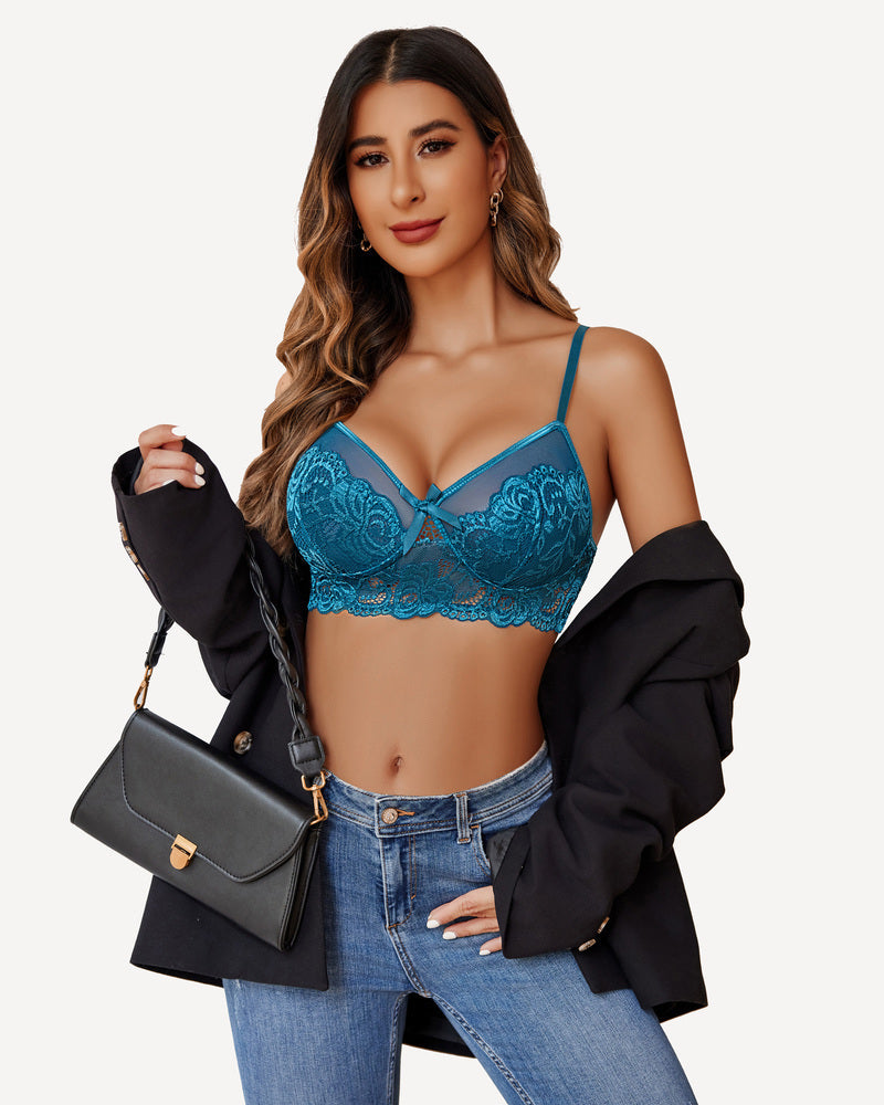 Teal lace bra with floral design, worn with jeans and black blazer. Women's sexy lingerie set.