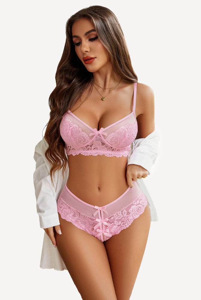 Pink floral lace bra and panty set with bow details, women's sexy lingerie.