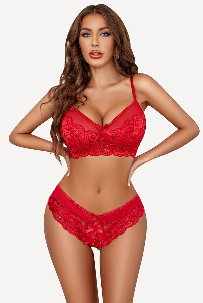 Red lace lingerie set with bow detail. Women's Avidlove bra and panty outfit.