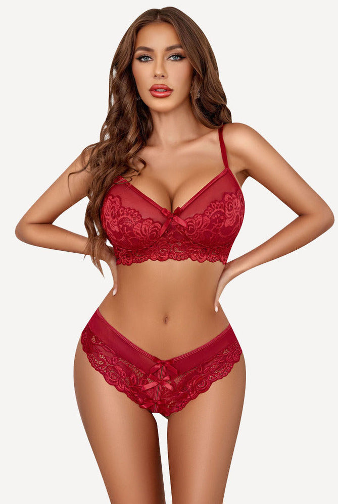 Red floral lace bra and panty set, bow detail. Women's sexy Avidlove lingerie outfit.
