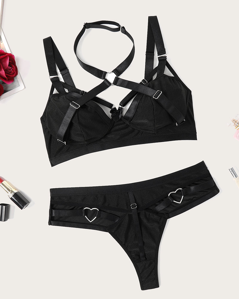 Avidlove black bondaged lingerie set: push-up bra, heart rings, high-waisted panty. Sexy lingerie.