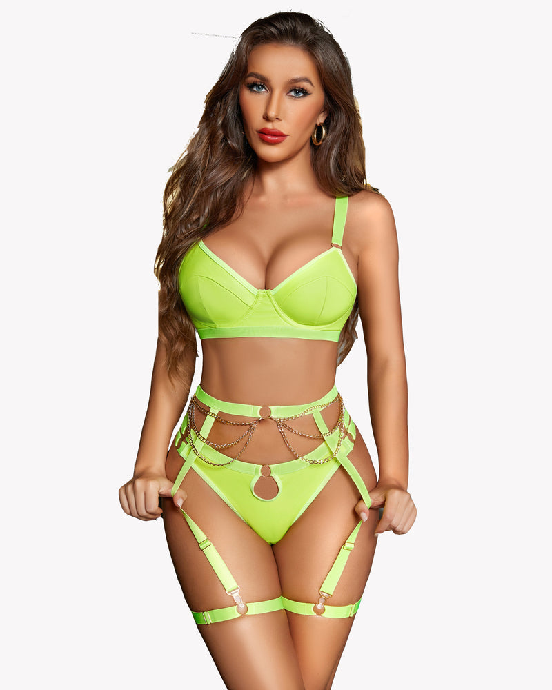 Avidlove neon green leather bra and panty set with garter belt, sensual lingerie for women
