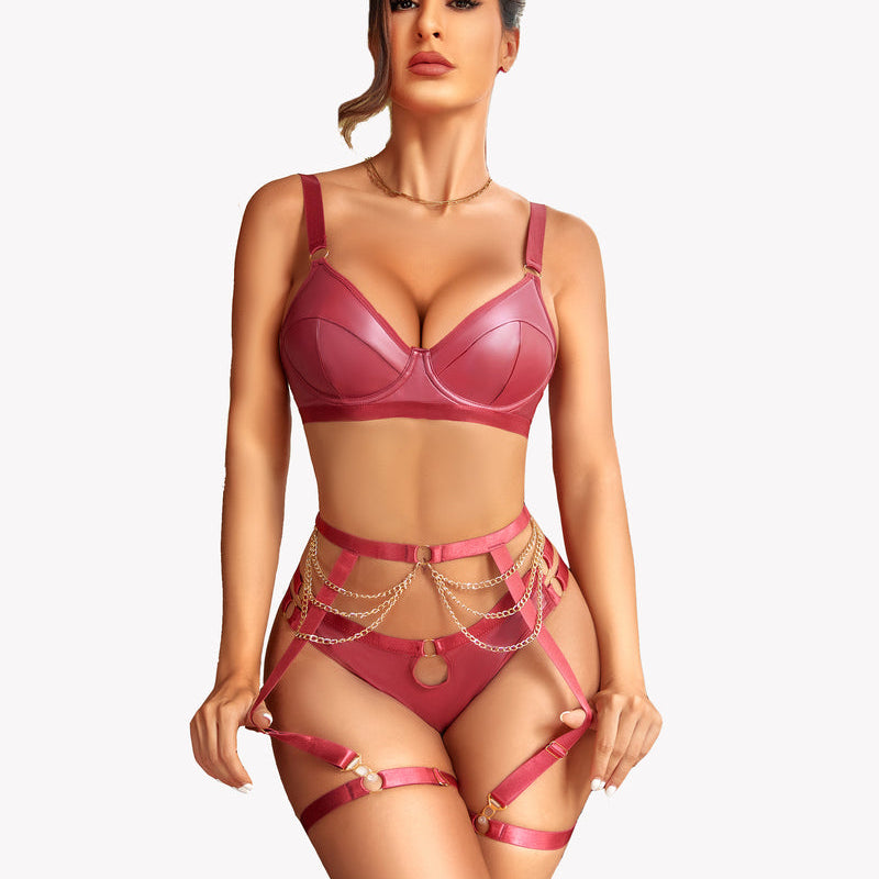 Burgundy leather bra and panty set with garter belt and chain accents