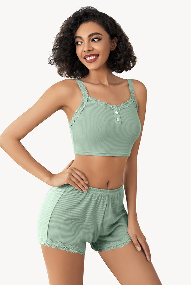Mint green ribbed lace trim pajama set: Cami top and shorts, comfortable sleepwear.