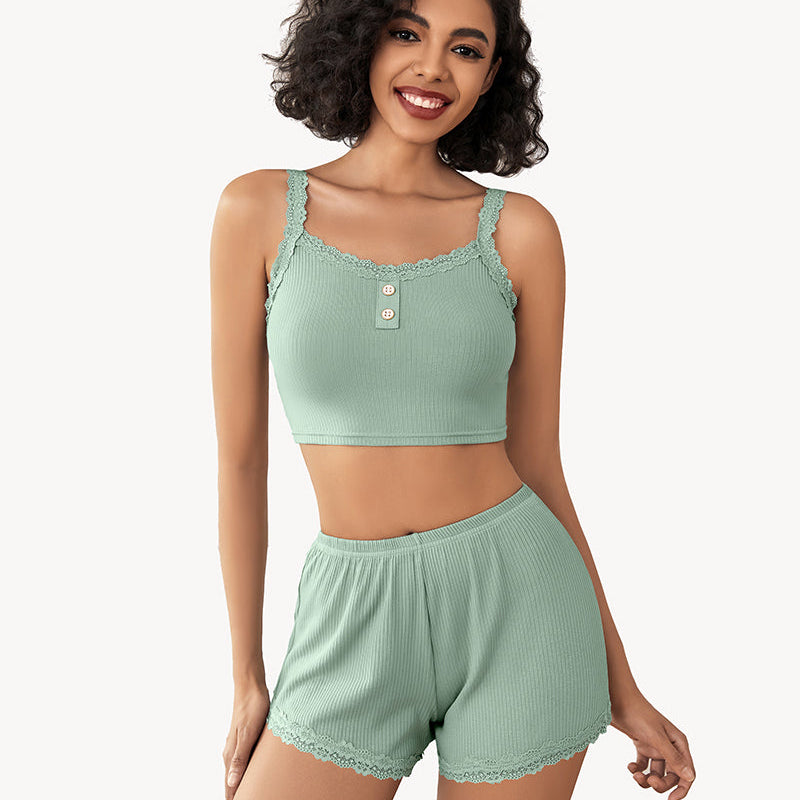 Mint green ribbed lace trim pajama set; cami top and shorts, comfortable sleepwear