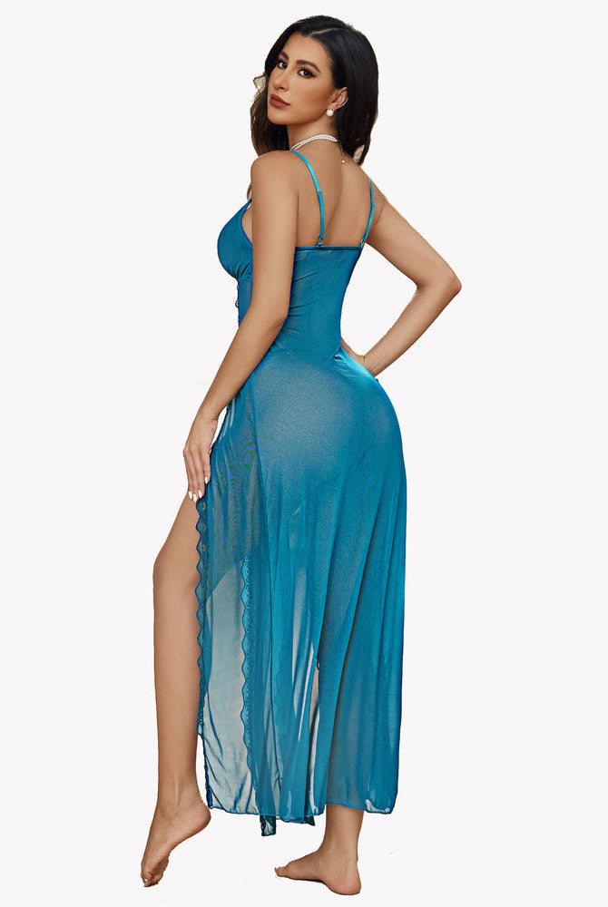 Teal side split nightdress, sexy lingerie with adjustable spaghetti straps, perfect feminine design.